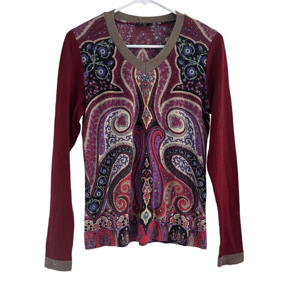 Etro Sweaters - Etro Milano Womens Paisley Wool Viscose Knit Long Sleeve Top Red Multicolor EU42